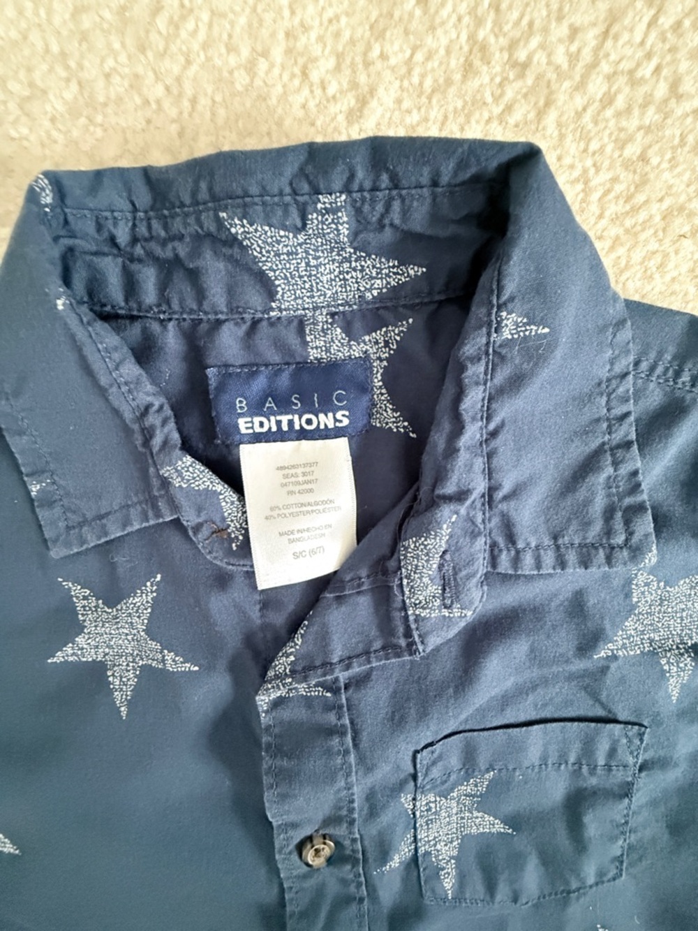 Basic Editions Navy Button-Up Shirt with White Star Pattern - Picture 2 of 2